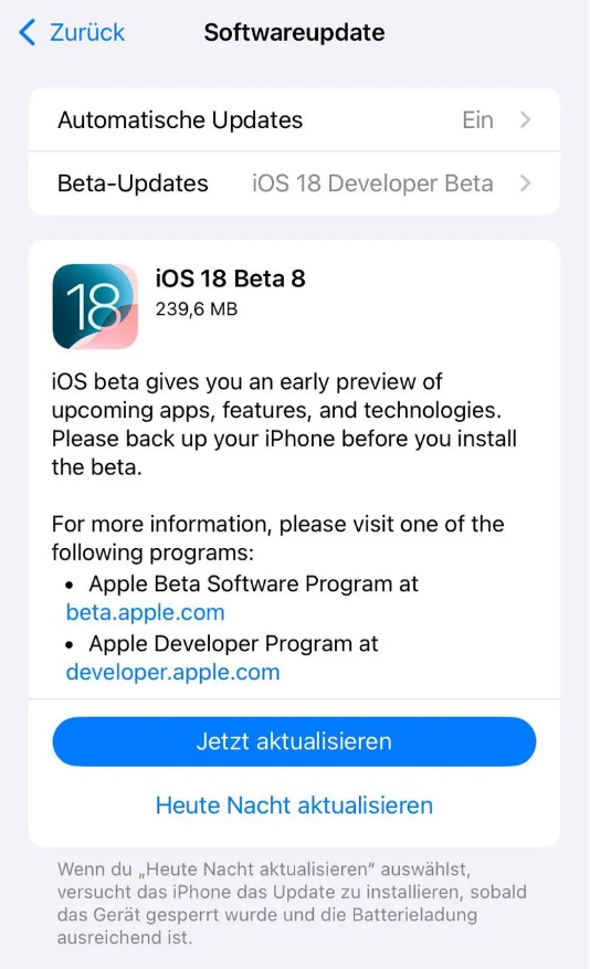 赫章苹果手机维修分享苹果 iOS / iPadOS 18 开发者预览版 Beta 8 发布 